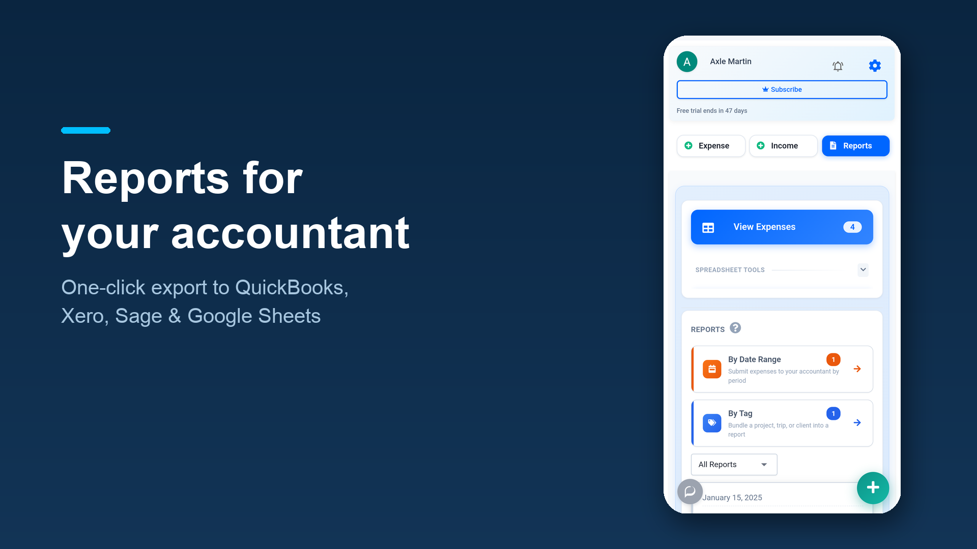 Screenshot of Create reports for an accountant and export to QuickBooks, Xero, Sage, and Google Sheets.