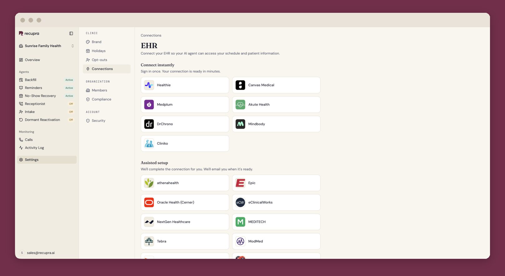 Screenshot of EHR integration settings, with Healthie and athenahealth connected.