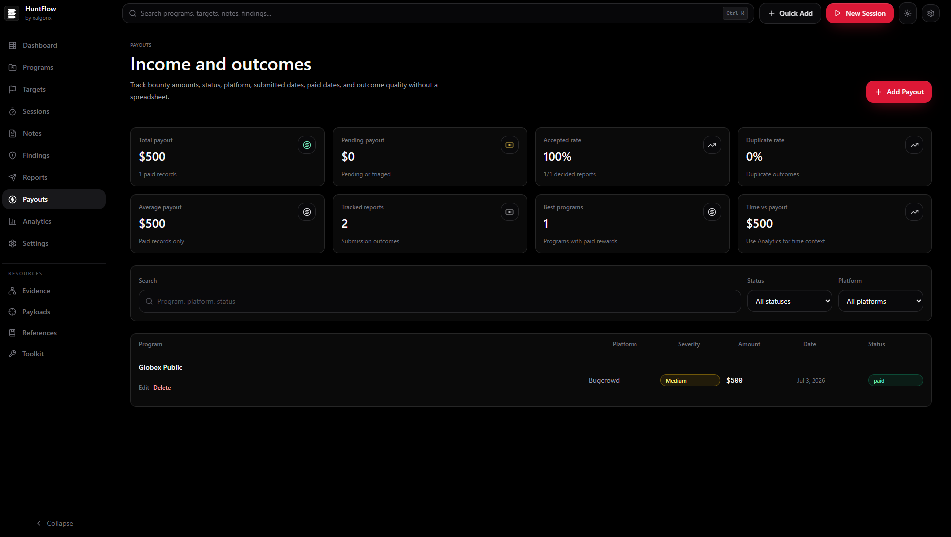 Screenshot of Payouts