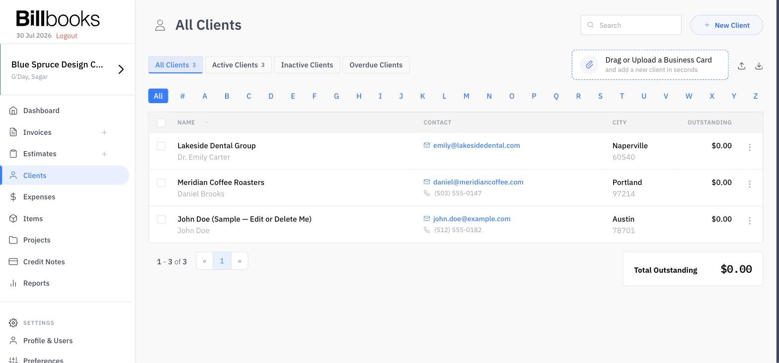 Screenshot of the client management dashboard showing client details, contact information, and outstanding balances, with a built in business card upload feature that lets users drag and drop a business card to add a new contact.