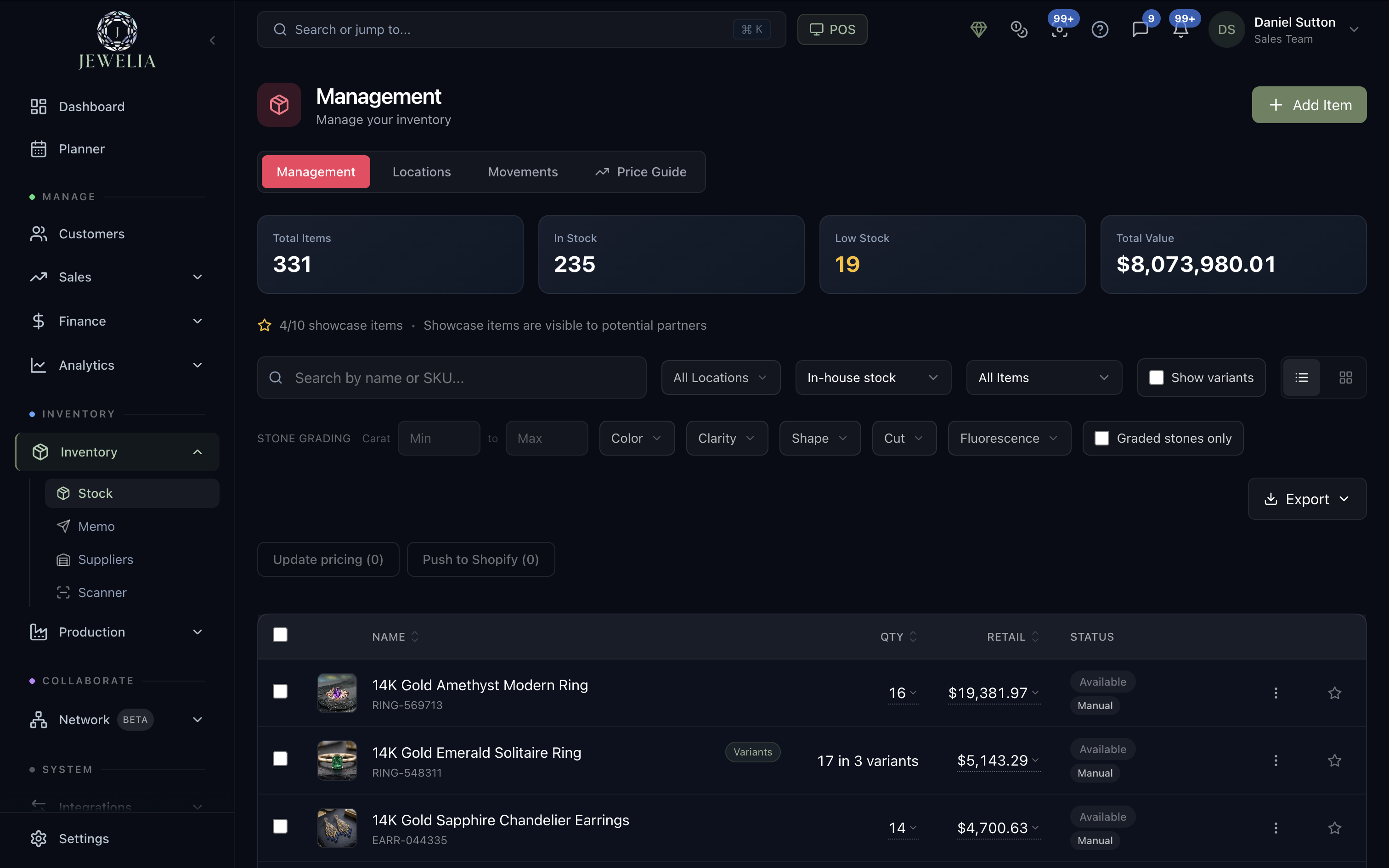 Screenshot of Inventory management with stone grading filters, multi-location tracking, live pricing and low-stock alerts