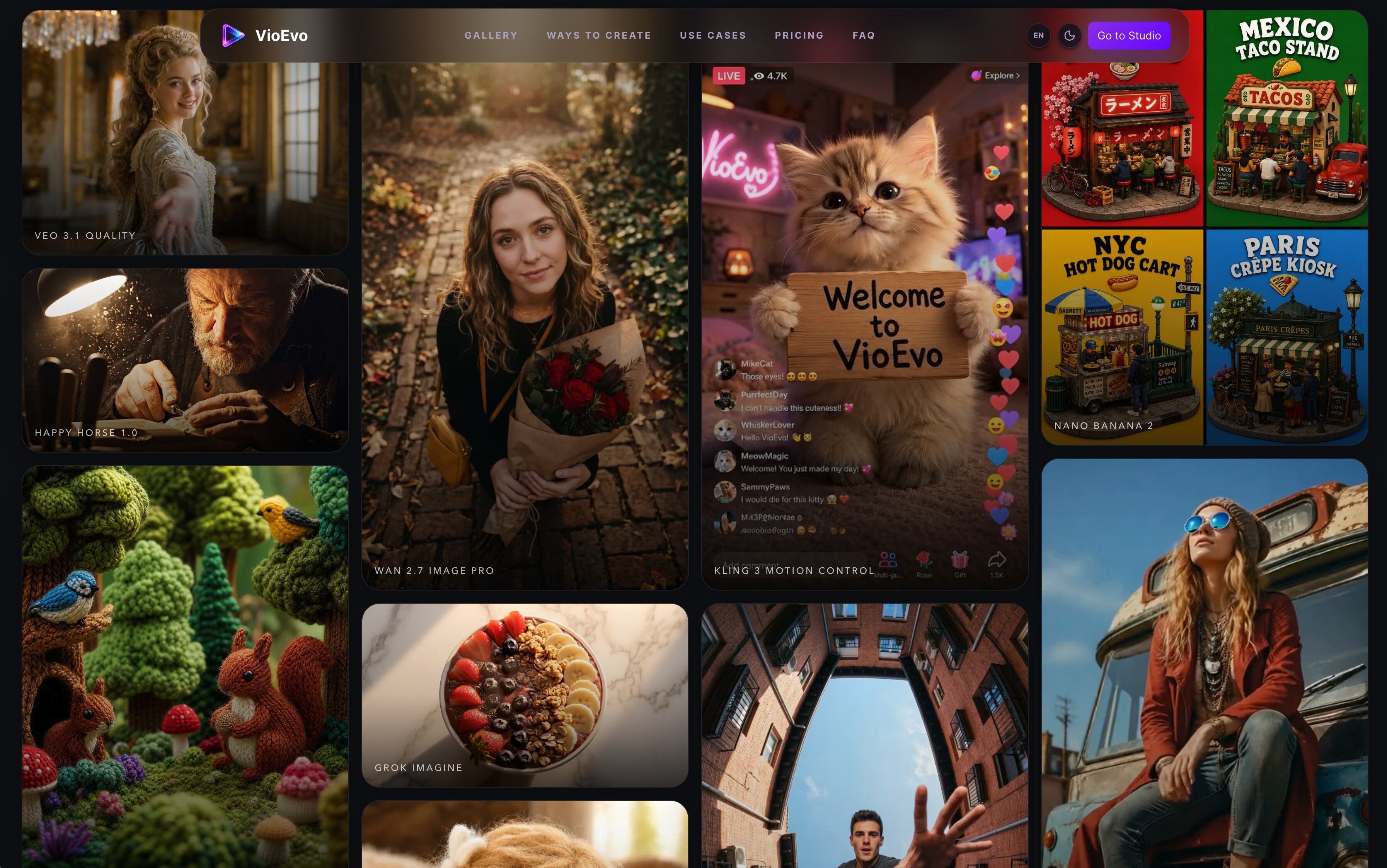 Screenshot of Inspiration gallery showcasing community-generated AI images and video clips with underlying prompt routes.
