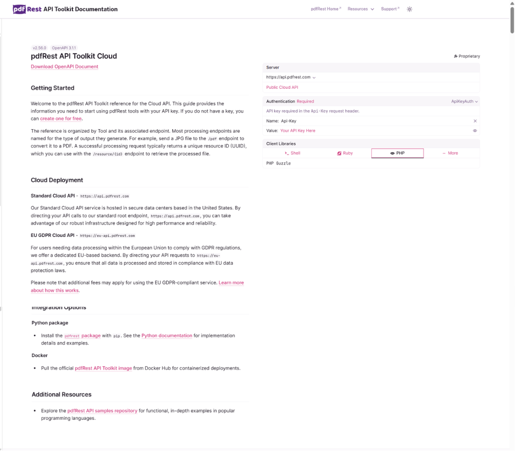 Screenshot of The full pdfRest API reference, organized by tool and endpoint, covering conversion, extraction, redaction, forms, and more.
