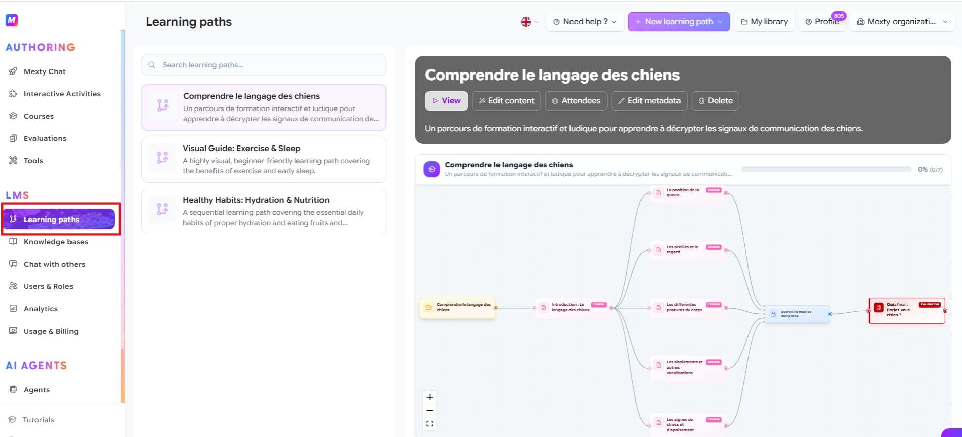 Screenshot of where to design adaptive learning journeys by combining courses, activities, and assessments into structured pathways.