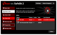 Screenshot of Quick Start - an overview of options available in the program, such as Open Safe, Close Safe, Destroy Safe, etc.