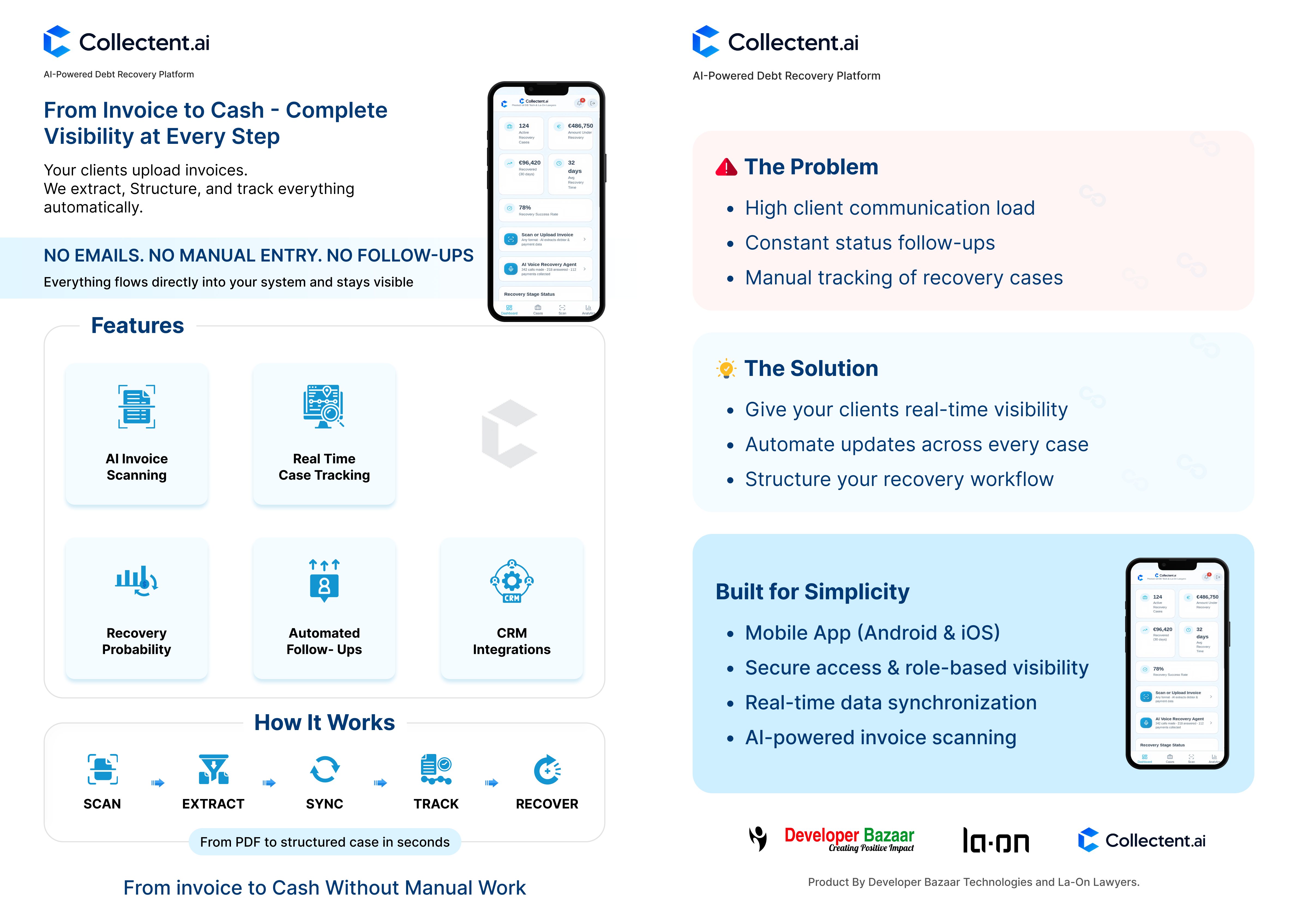 Screenshot of AI invoice scanner for debt collection agencies.
Scan any invoice, AI extracts debtor details
automatically, case created in your existing CRM.
No manual entry. GDPR compliant. Free to start.