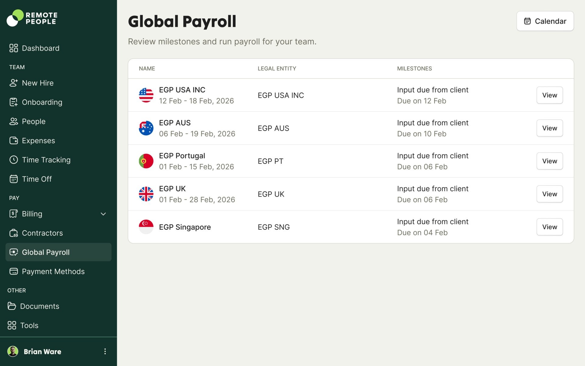 Screenshot of Remote People Global Payroll, offering unified payroll processing across 150+ countries with automated tax calculations, compliance management, and multi-currency payment disbursement.
