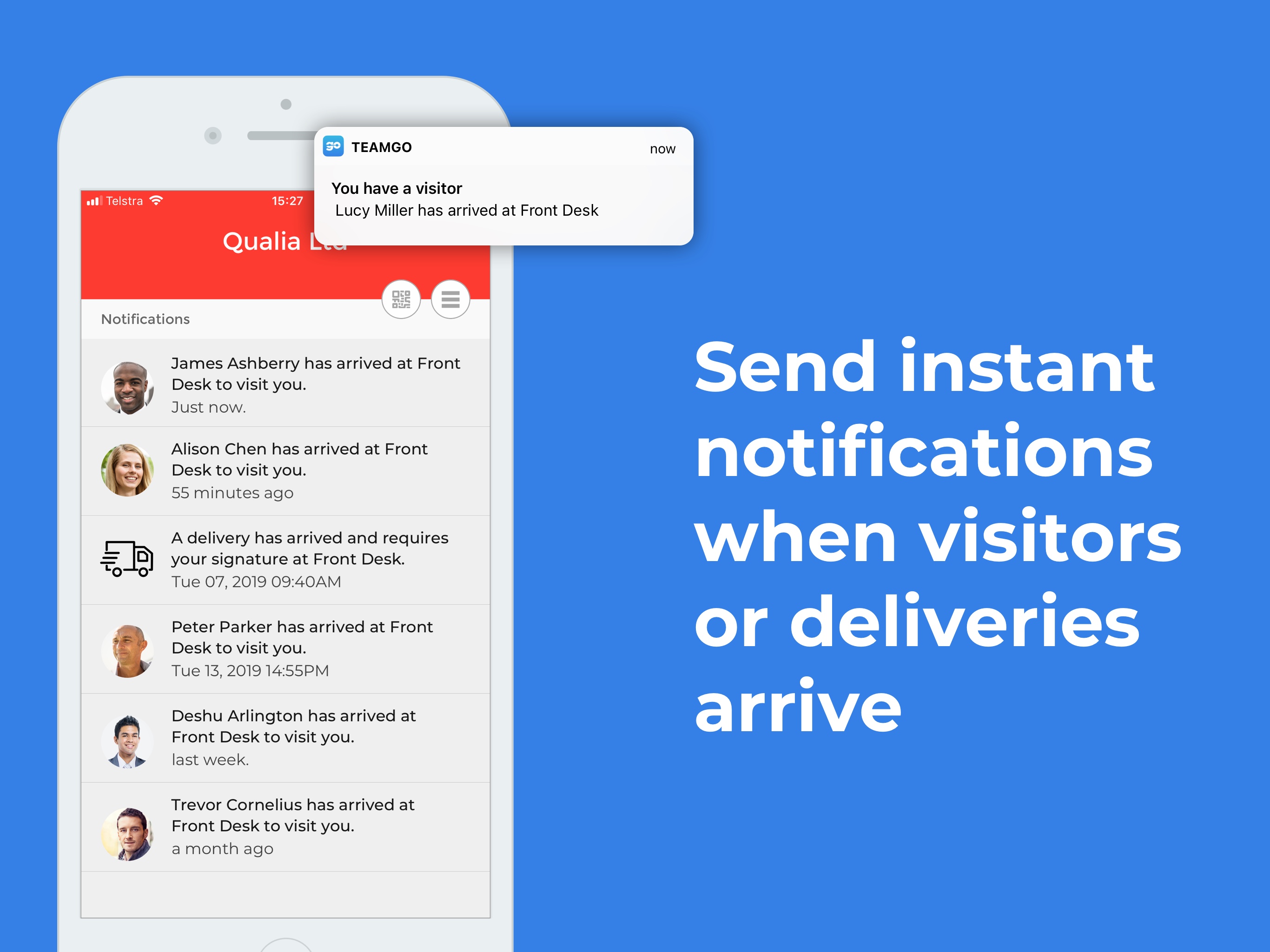 Screenshot of the Teamgo Pass app for employees, used to check in at the workplace, receive notifications and auto arrivals with geofencing, admin tools with reports and evacuation lists.