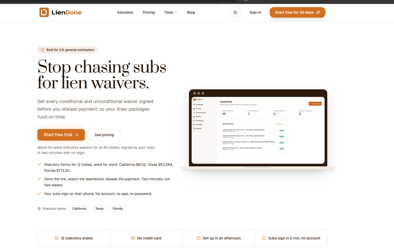 Screenshot of LienDone homepage highlighting automated lien waiver workflows, simple subcontractor e-signatures, and instant compliance tracking.