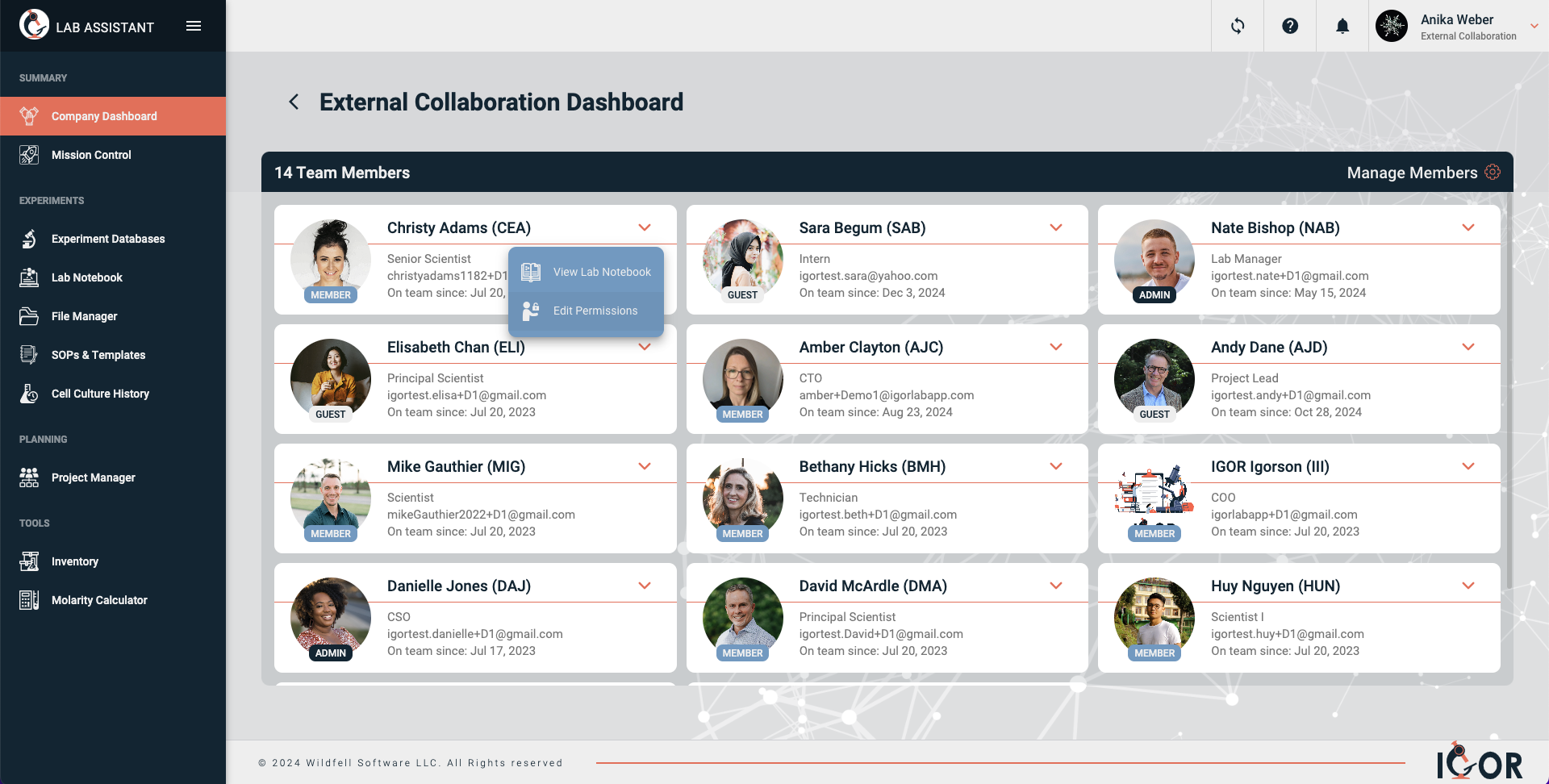 Screenshot of Team Workspace Dashboard
Each workspace in IGOR has its own dashboard where admins can see every team member at a glance - their role, access level, and join date. IGOR supports granular permission controls with Member, Admin, and Guest access levels, so teams can bring in external collaborators with read-only access without compromising data control. Admins can view any member's lab notebook or adjust their permissions directly from the dashboard, and a centralized Manage Members panel makes it easy to add, remove, or reconfigure access as teams evolve.