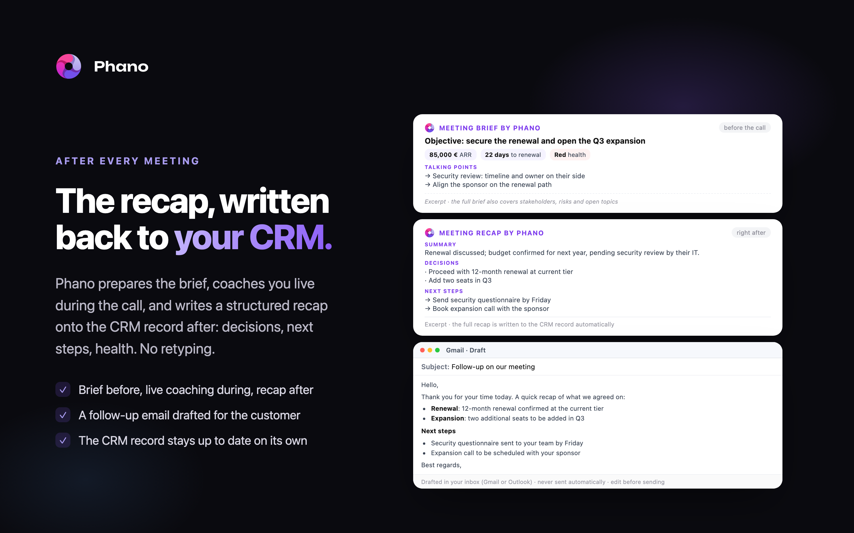 Screenshot of meeting briefs, live coaching, recaps and follow-ups