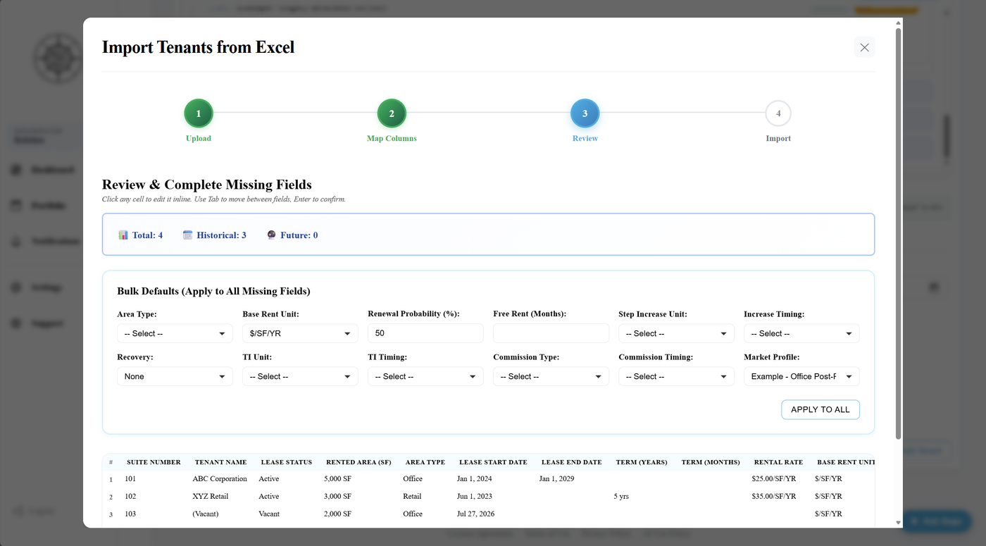 Screenshot of Excel import wizard: load a tenant roster or T-12 with automatic column detection and review before saving