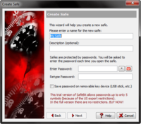 Screenshot of Creating a safe - this feature is used create Safes (virtual drives) by setting properties, such as name, password, size, location, etc, in a few simple steps.