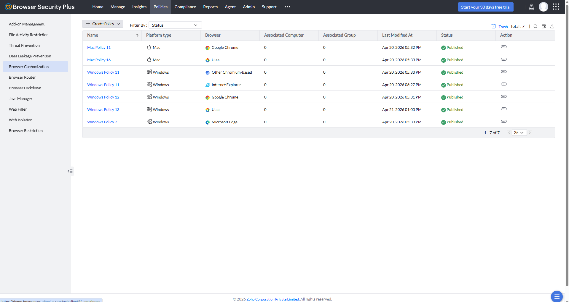 Screenshot of Browser Security policies