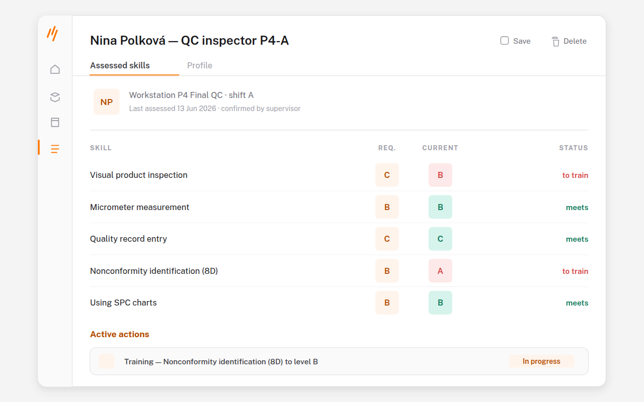Screenshot of Employee profile: skills held, gaps against the requirement, and the training plan.