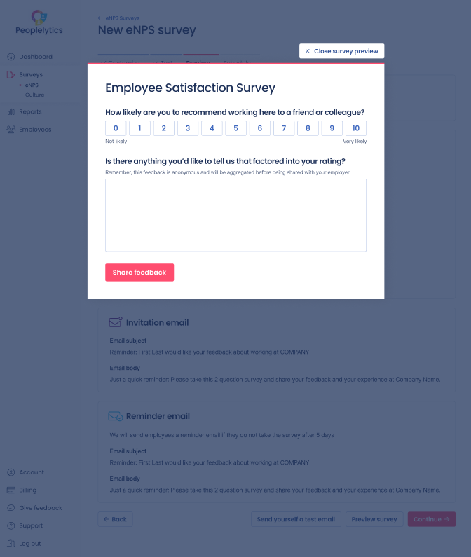Screenshot of a preview of an eNPS survey while in the survey creator workflow (you can see it in a popup modal, get an email sent to your email inbox, and also see the details in the product webpage)