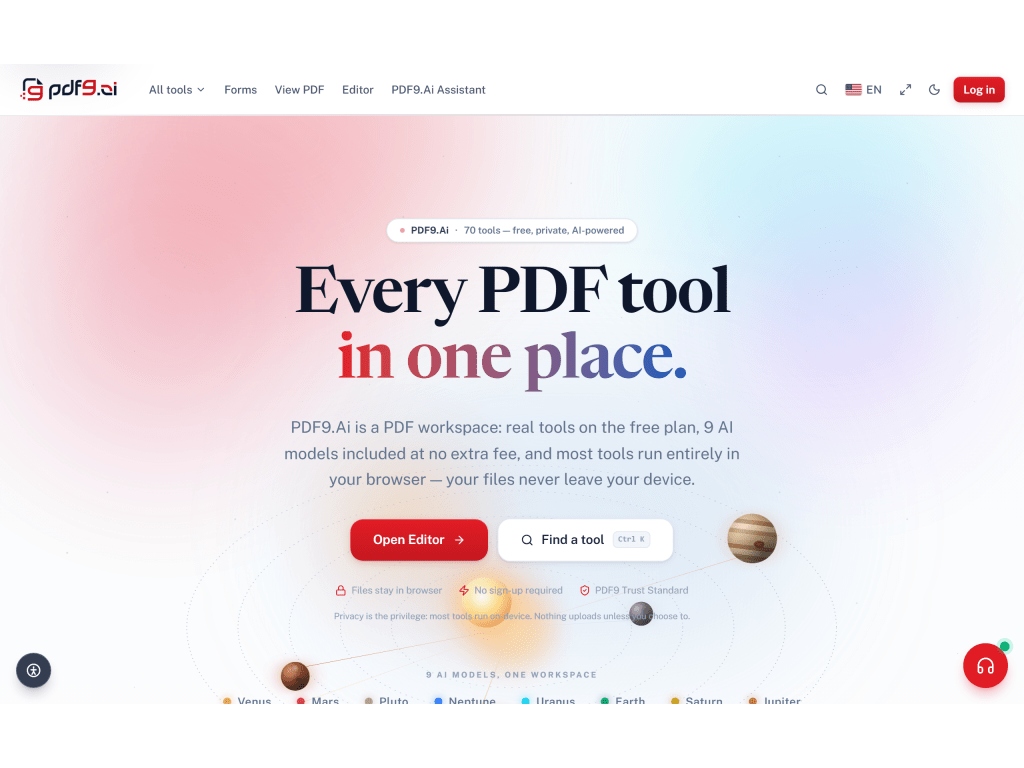 Screenshot of Users land on a single hub for 70 PDF tools — free, with 9 AI models included and no sign-up required. Files stay in the browser by default, so sensitive documents never leave the device. Jump straight into the editor or search any tool instantly.