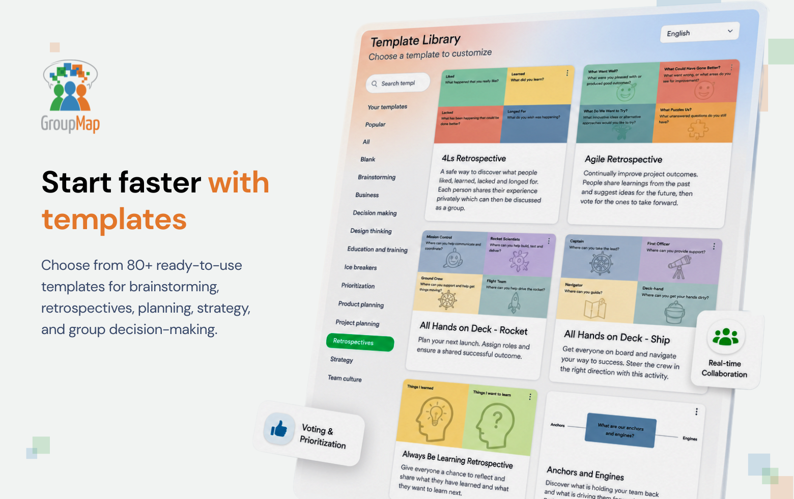 Screenshot of Start faster with templates: Choose from 80+ ready-to-use templates for brainstorming, retrospectives, planning, strategy, and group decision-making.