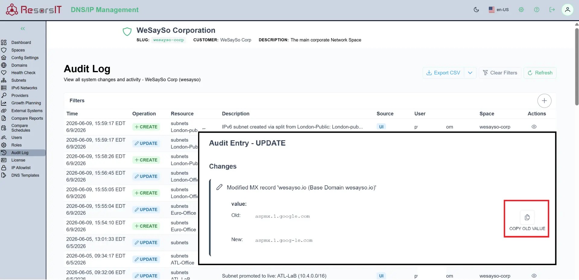 Screenshot of Audit log with record open showing copy of previous value
