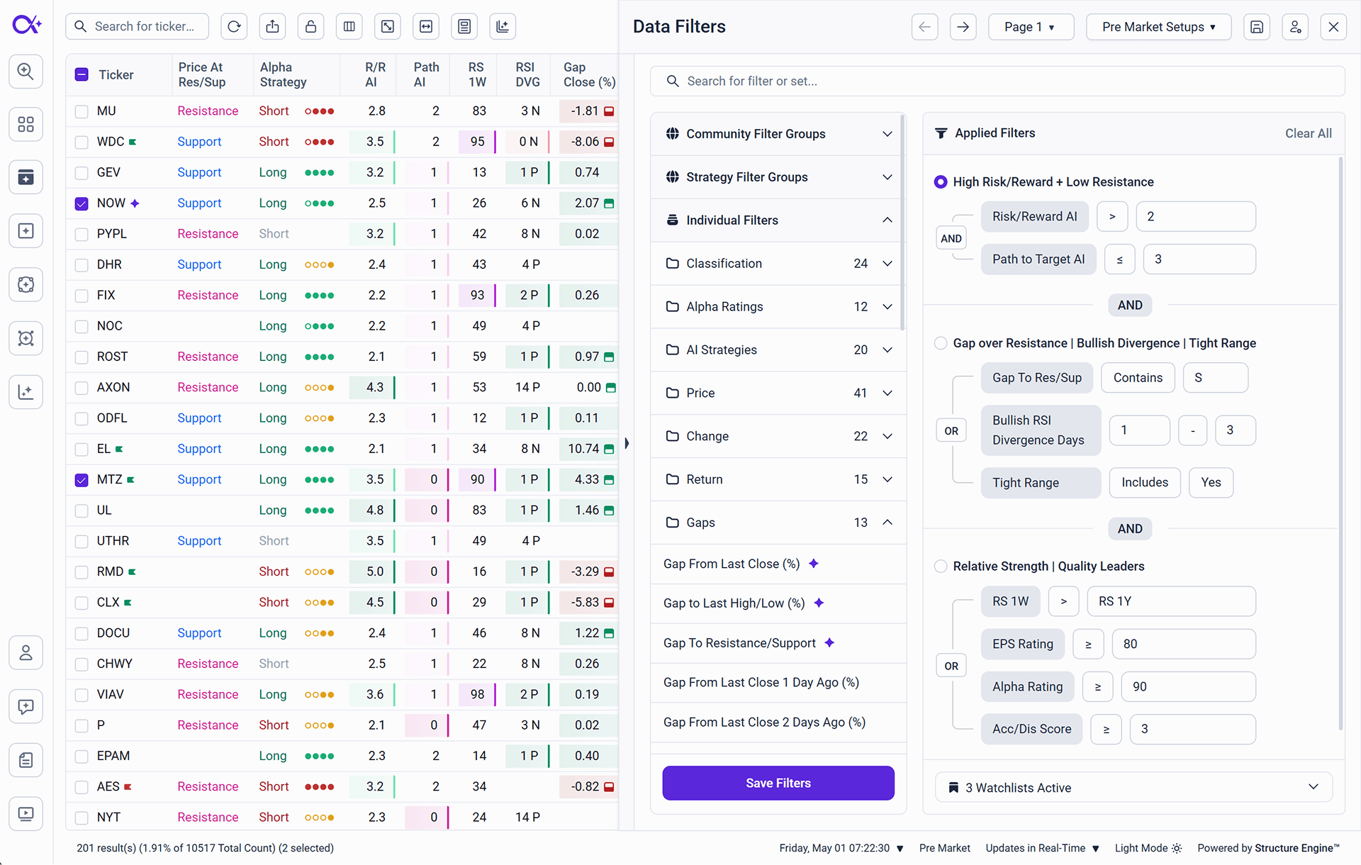 Screenshot of The system enables users to combine research data and setup validation logic through multi-condition filtering and metric comparisons. The interface includes pre-built groups and supports the configuration of complex conditional filters.