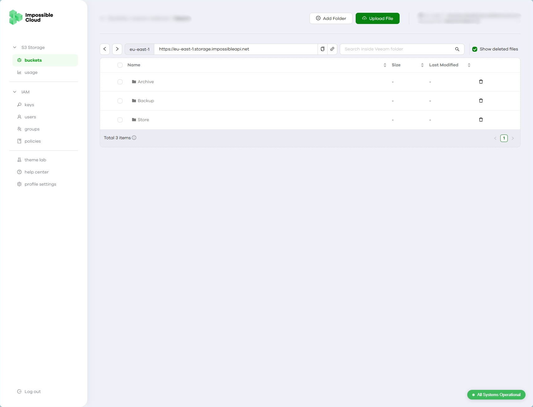 Screenshot of Impossible Cloud Storage Console for Storage Access