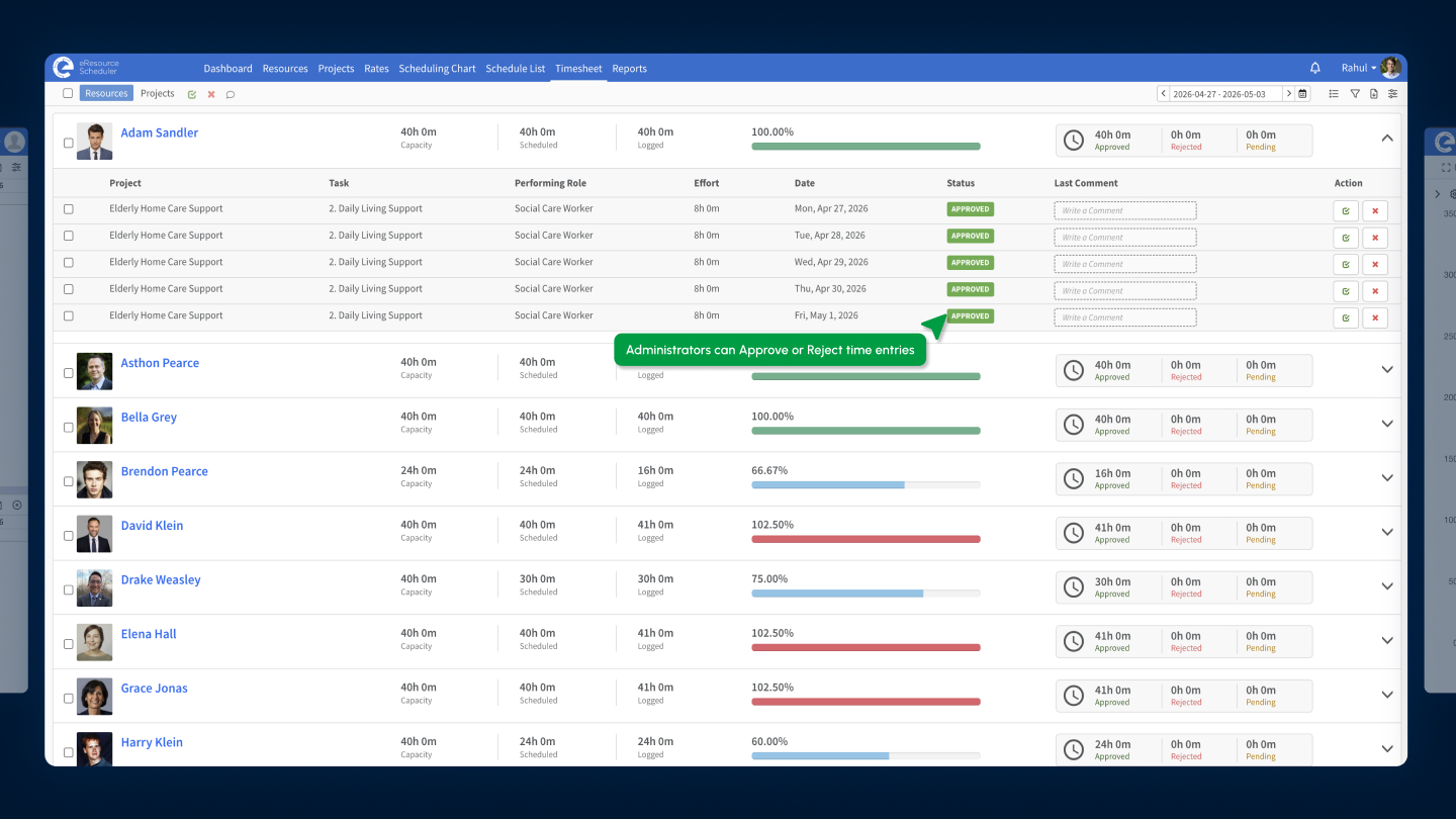 Screenshot of where to log time against projects and tasks, and compare it with scheduled hours. eResource Scheduler timesheets make it easy to see what’s been worked on, track utilization, and approve or reject entries as needed.