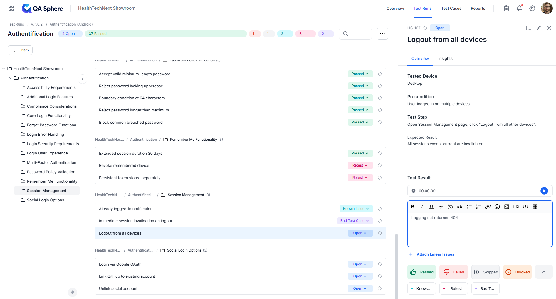 Screenshot of Test run status update and commenting