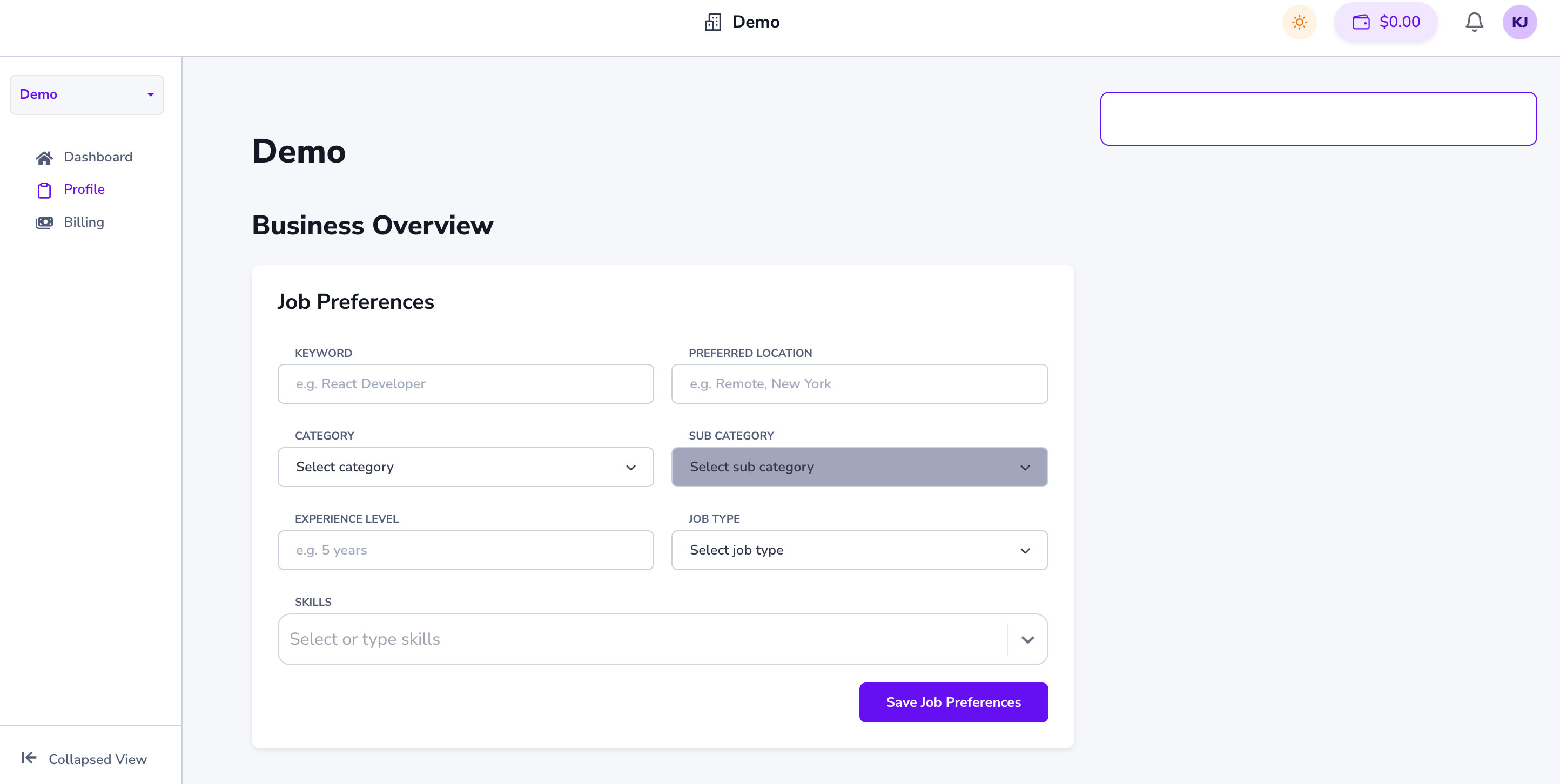 Screenshot of Profile Dashbaord