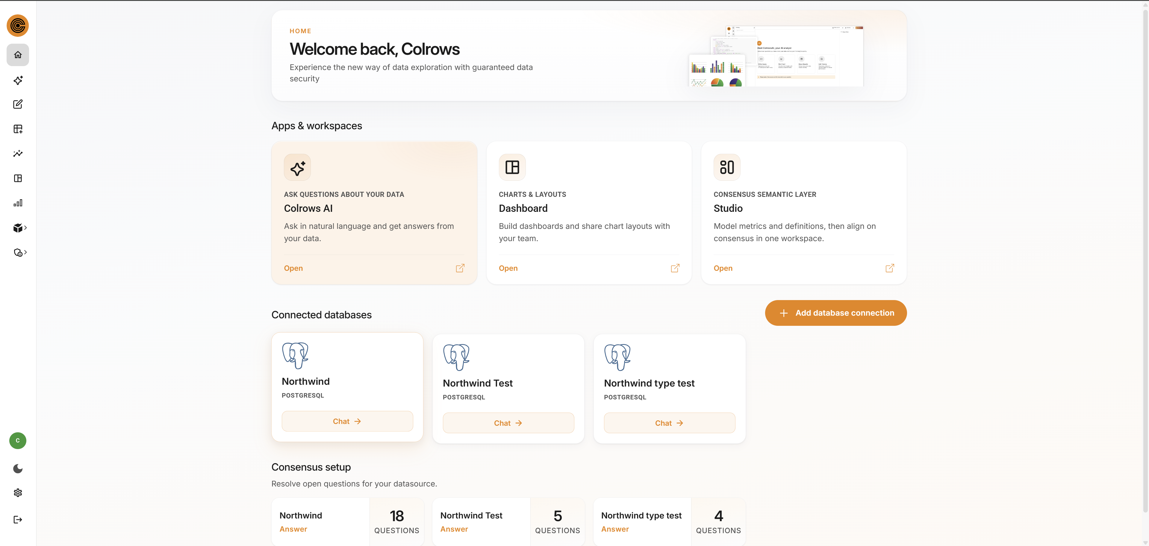 Screenshot of The Colrows dashboard, which features an AI chat analyst for conversational analytics, letting users query connected databases in plain language, track answered questions per data source, and monitor progress through a governed, secured setup tracking dashboard.