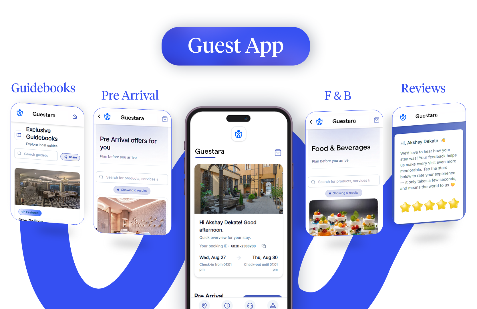 Screenshot of Guestara's branded guest app that runs under the hotel's own name and domain. Guests use it to check in, message the hotel, order room service and F&B, access their room through supported smart locks, browse digital guidebooks, and find local recommendations. It gives guests a single place to manage their stay while keeping every interaction under the property's brand.