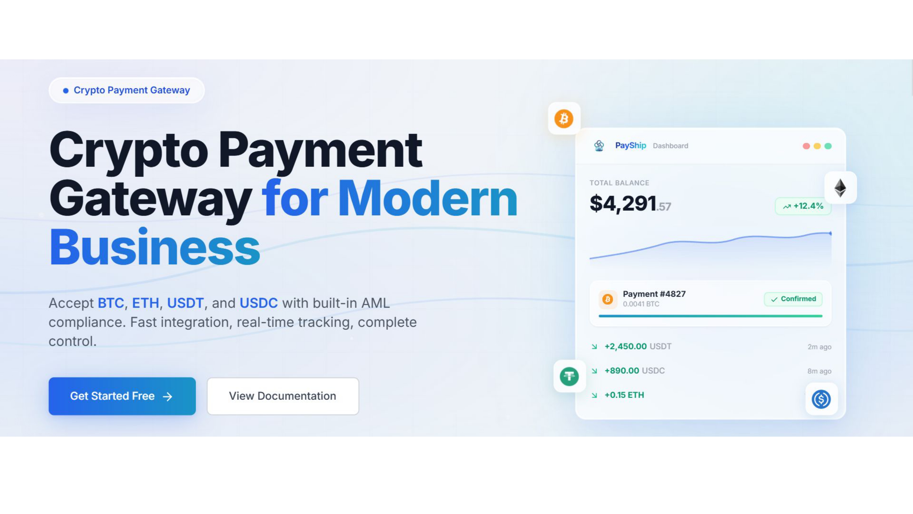 Screenshot of the homesite of Payship, a crypto-payment gateway for businesses.