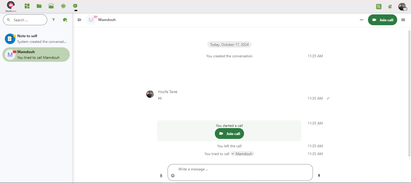 Screenshot of CloudSpace Team Chat and Collaboration tools