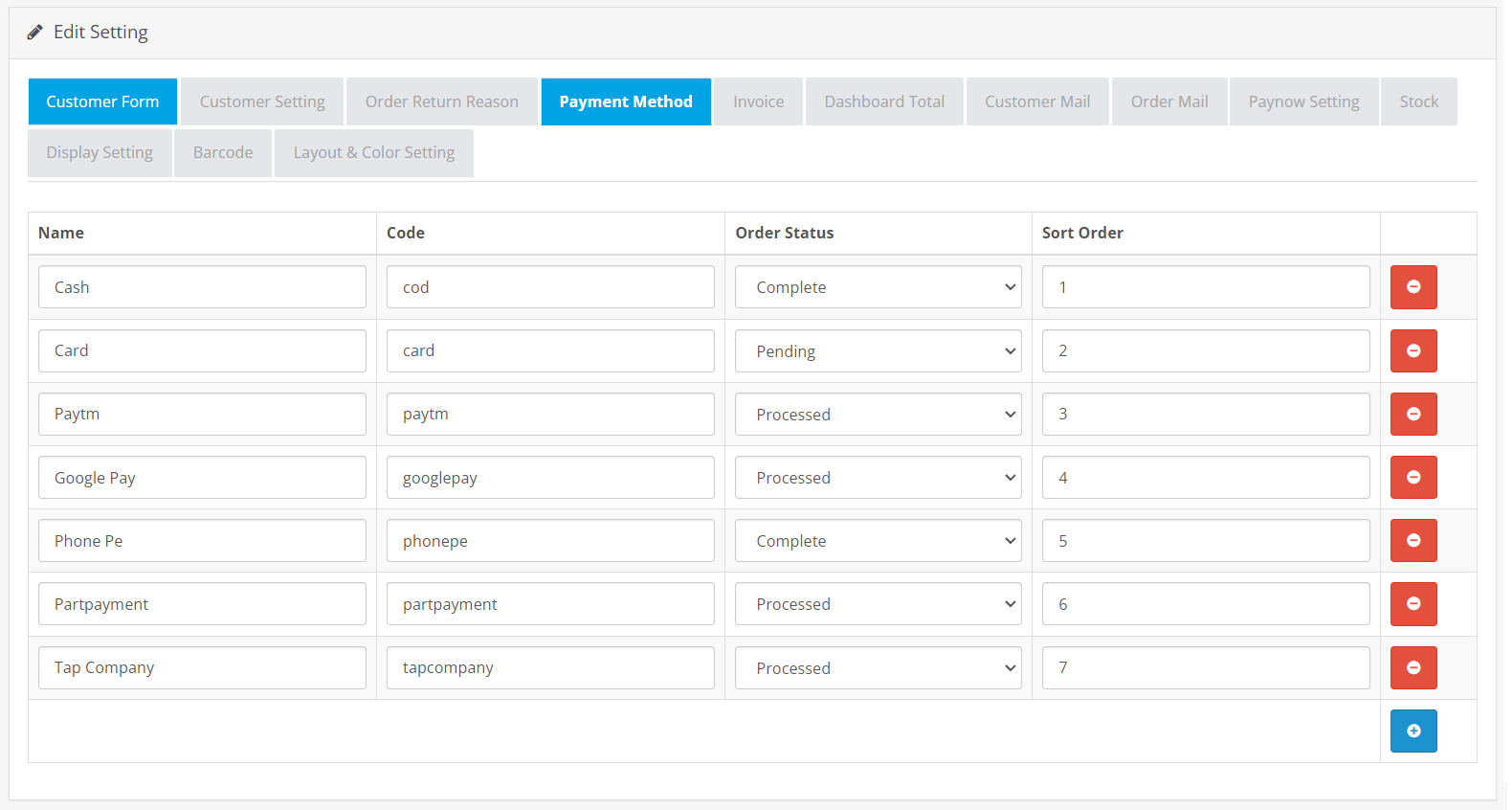 Screenshot of the interface to add multiple payment methods on the POS System
