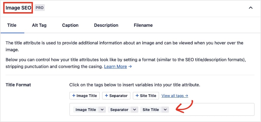 Screenshot of the customizable smart tags used to generate image elements for a better image SEO strategy.