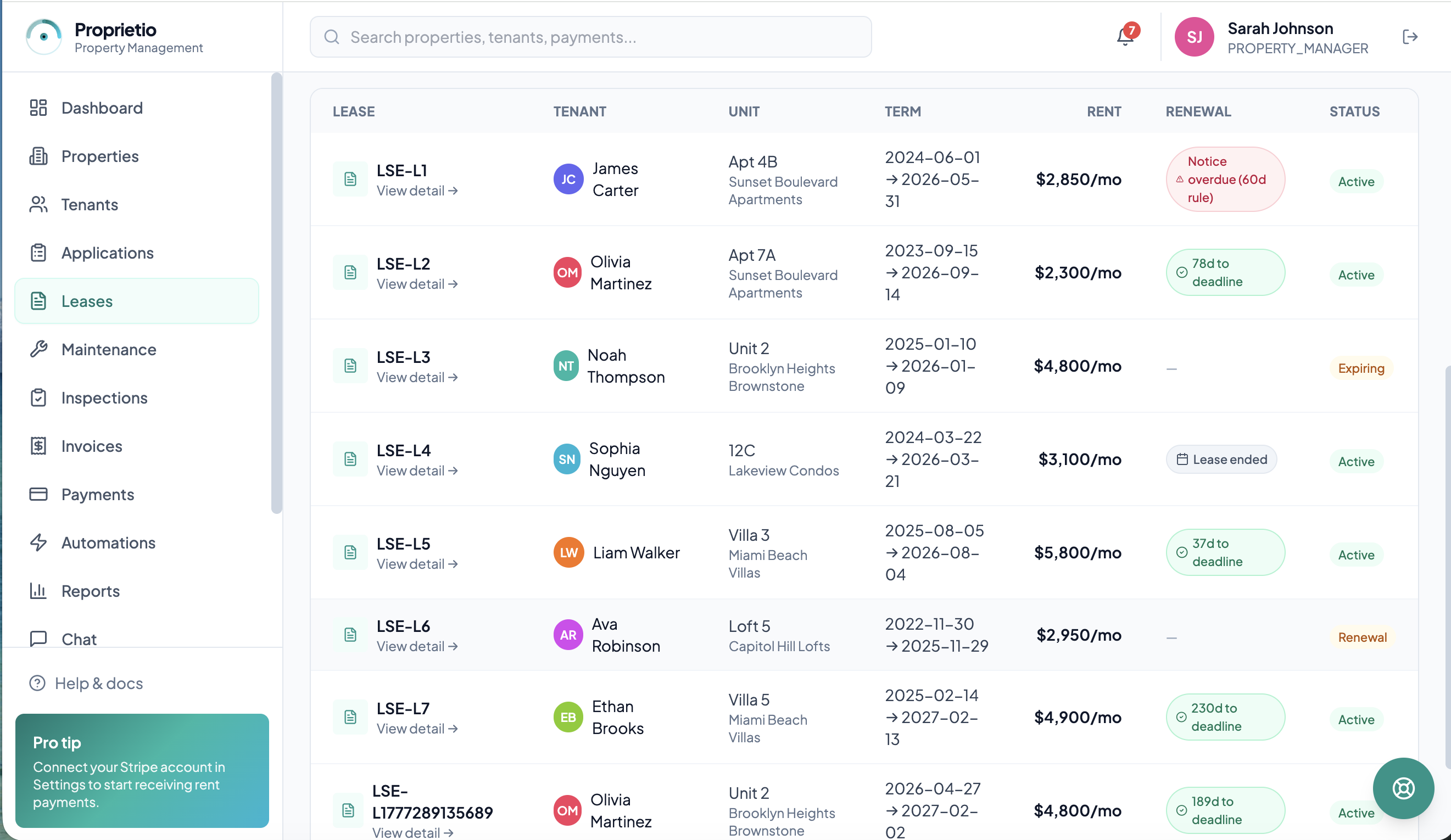Screenshot of Leases: every lease with tenant, unit, term and rent, plus state-aware renewal deadlines and notice alerts.