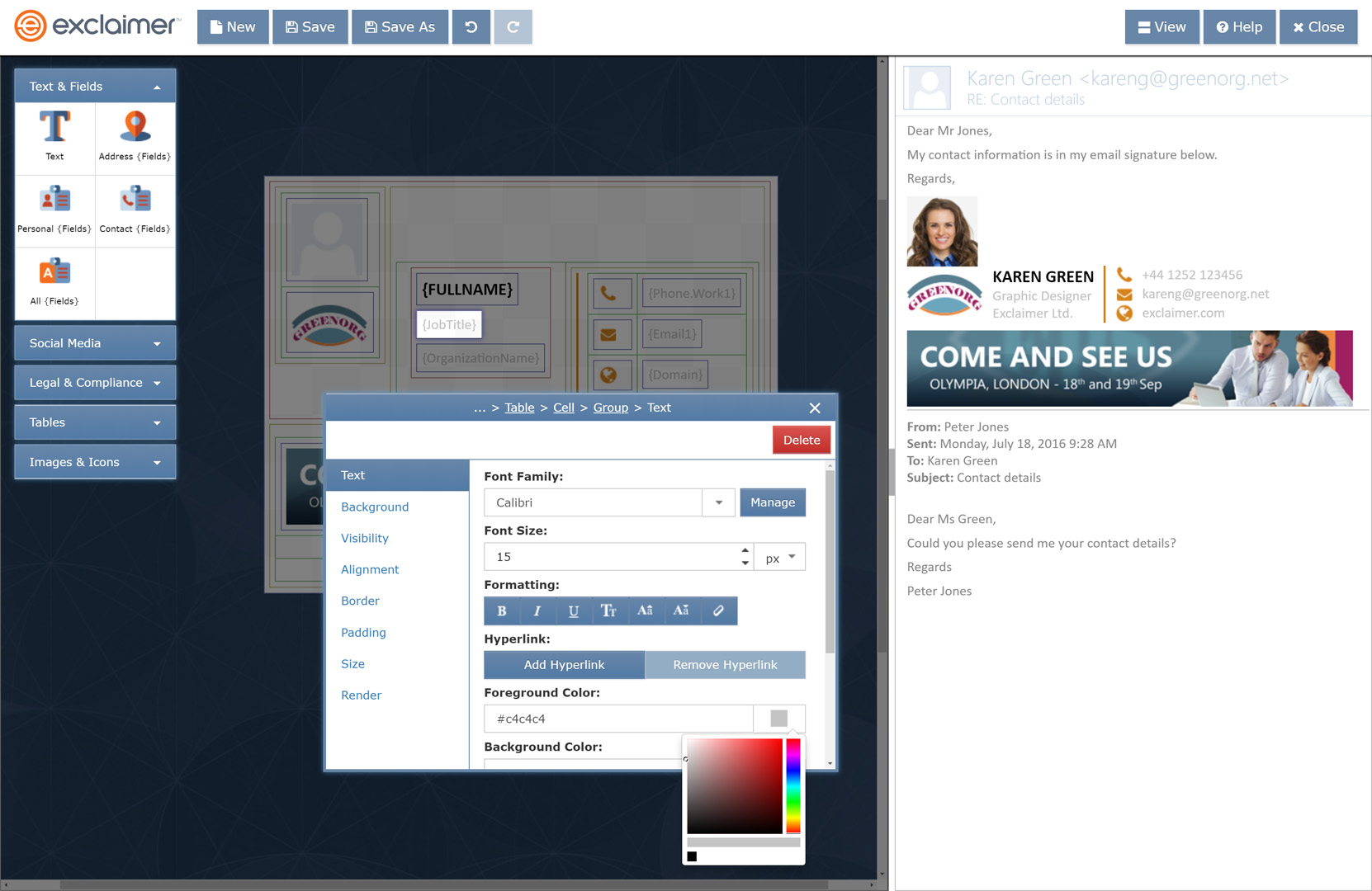 Screenshot of Style the signature design to comply with your organization’s brand guidelines.