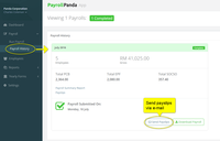 Screenshot of You can email the payslips directly from the PayrollPanda app to your employees under payroll history. The payslips will be sent in PDF format. Make sure that each employee's email address is entered correctly into the “Personal Info” section in their employee record.