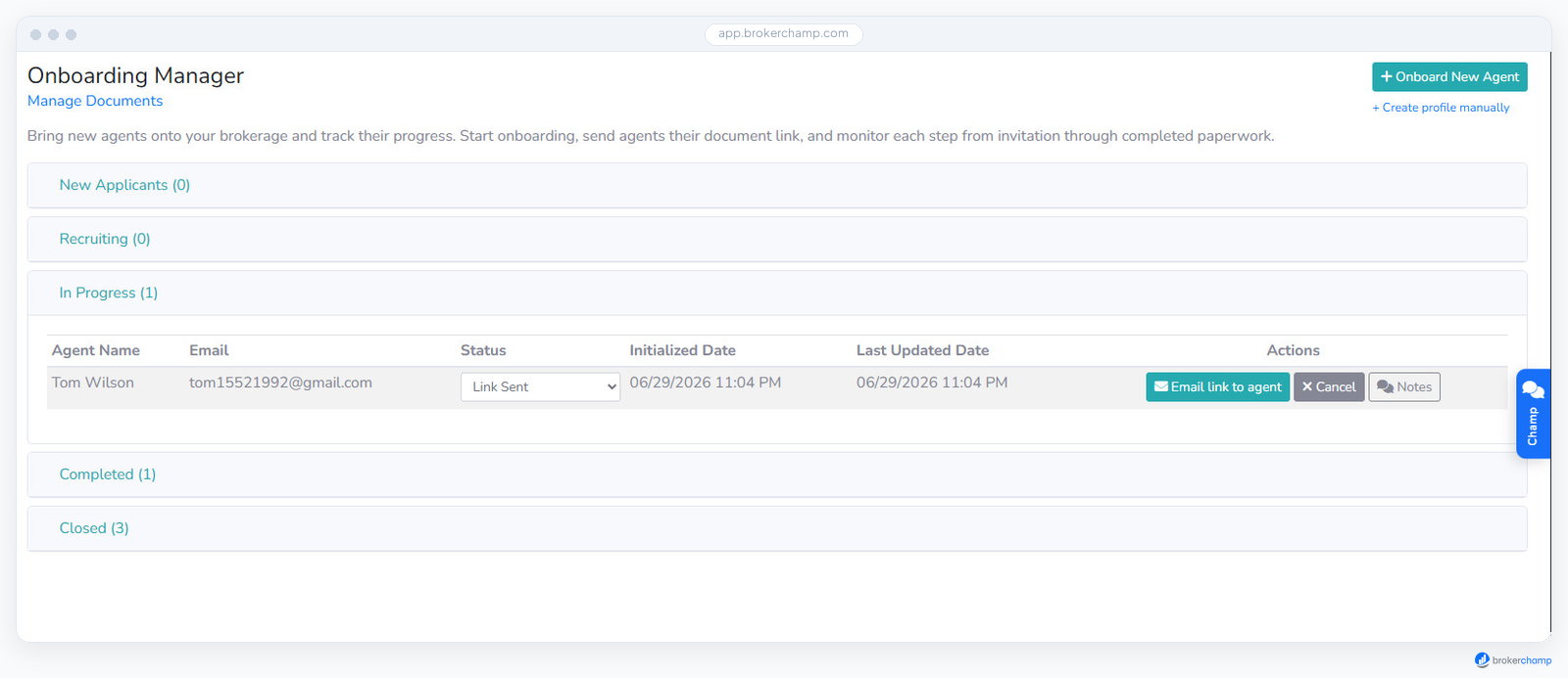 Screenshot of Onboarding pipeline: new agents complete their own paperwork from one link.
