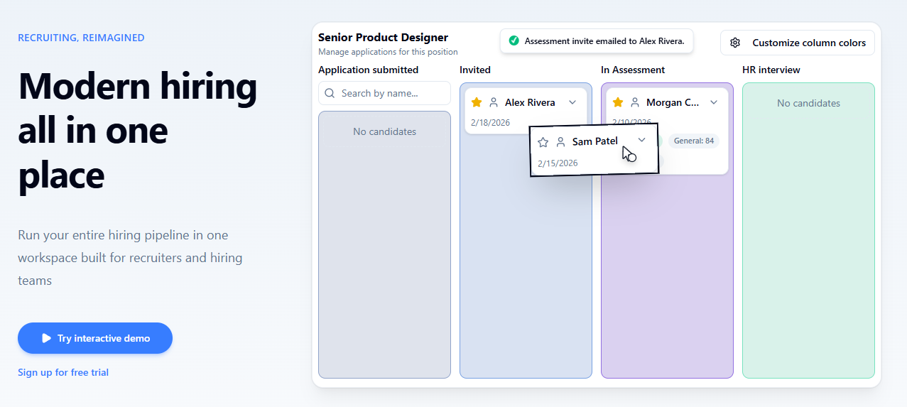 Screenshot of Aptimal: Modern hiring all in one place.