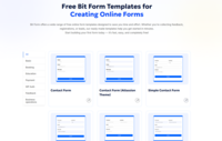 Screenshot of Bit Form's range of free online form templates for WordPress, including contact forms, booking forms, feedback forms, and payment forms. These ready-to-use templates are fully customizable, mobile-responsive, and built to help users collect data quickly.