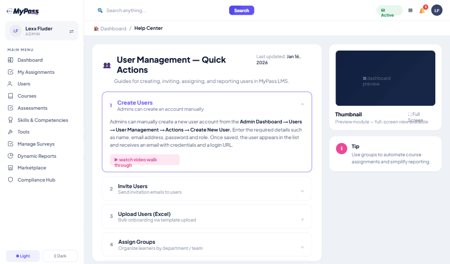 Screenshot of Help Center