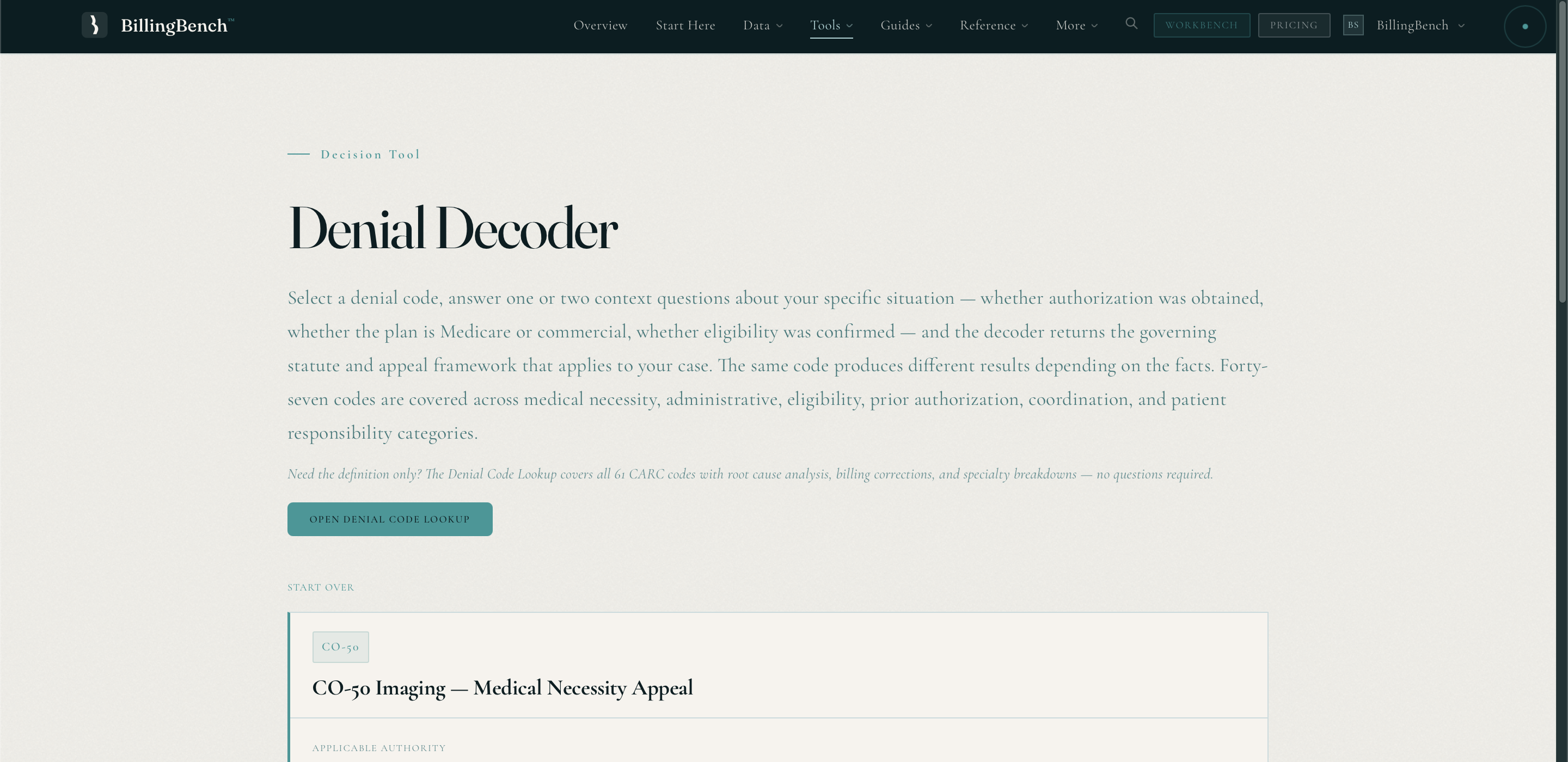 Screenshot of Denial Decoder: select a CARC code and answer context questions to get the governing statute and appeal framework for that specific denial scenario.