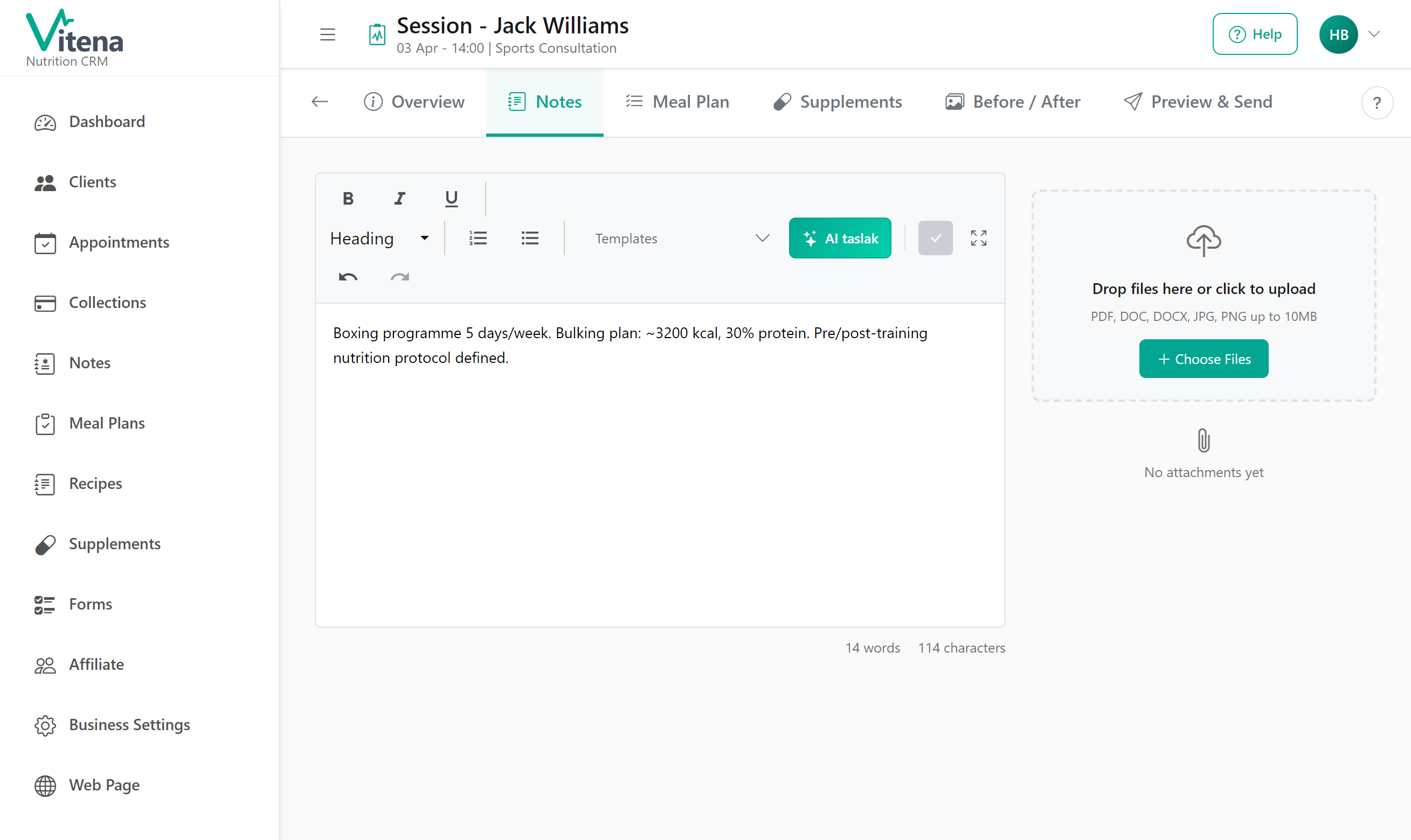 Screenshot of session notes