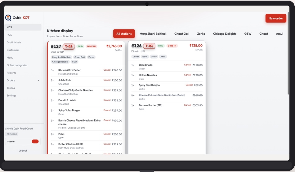 Screenshot of Kitchen display system for both counter and kitchens, in case of multiple kitchens, each kitchen will see only their items in the KDS
