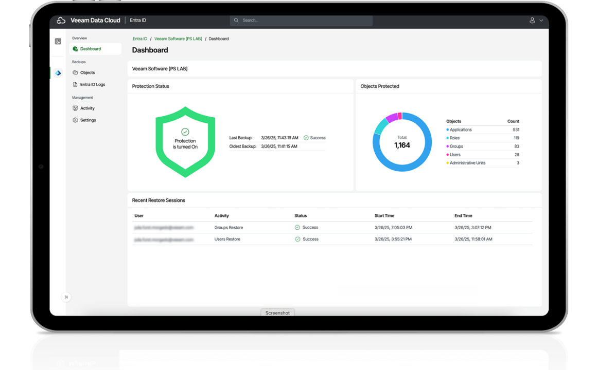 Screenshot of Veeam Data Cloud for Microsoft Entra ID dashboard in action