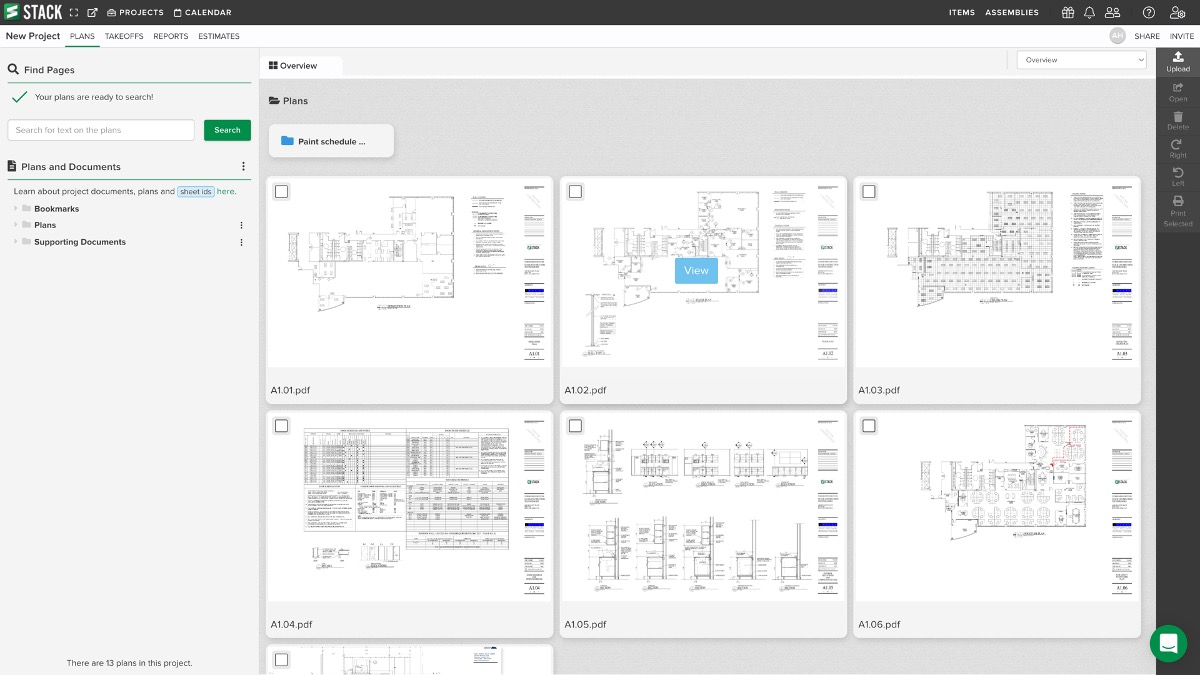 Screenshot of STACK Takeoff & Estimate plan library