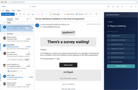 Screenshot of Phished Assistant panel open in Outlook beside a suspicious survey email, with a report-phishing form letting the employee select what they did, such as opened a link or downloaded a file.
