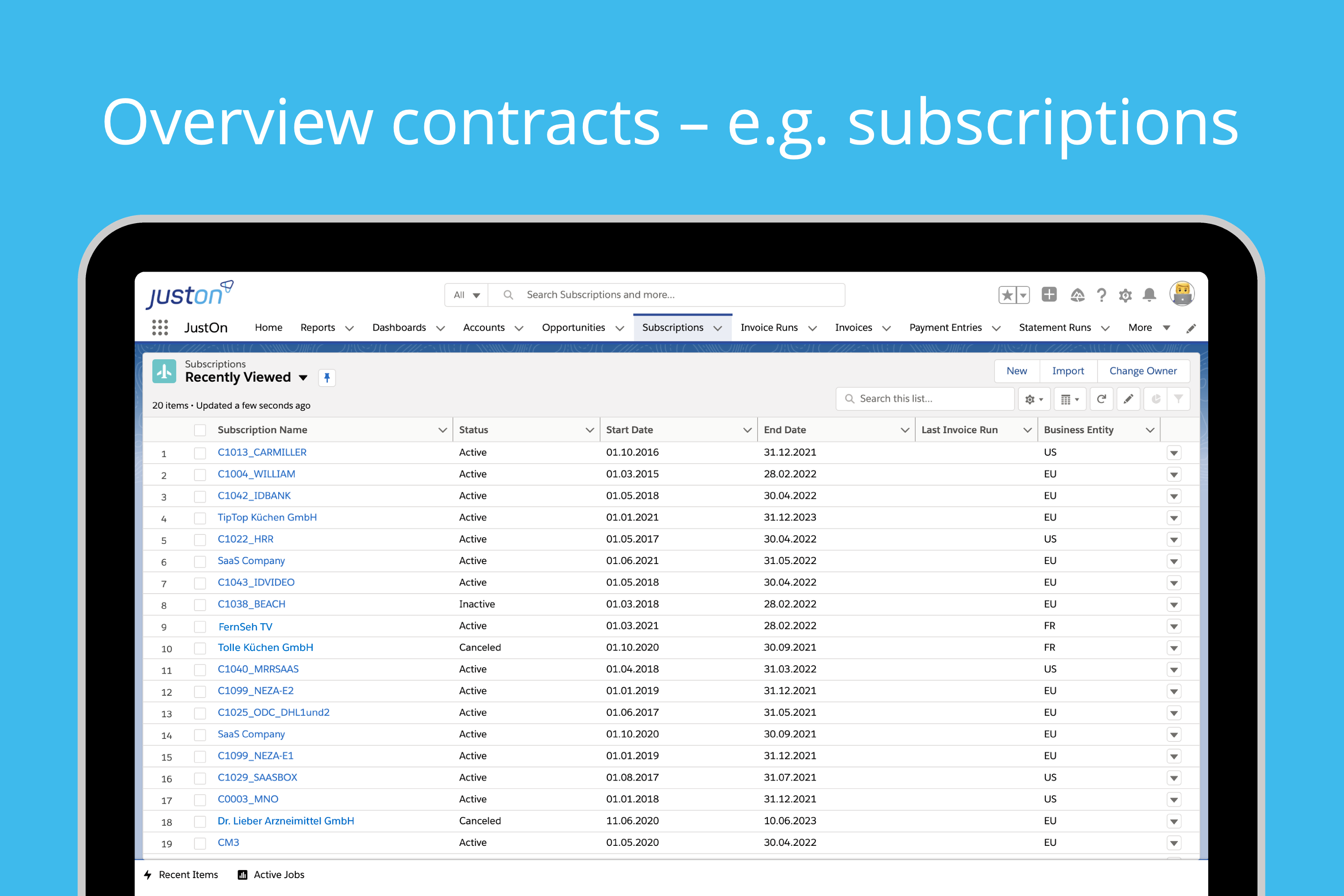 Screenshot of contracts. Contracts are tracked based on subscriptions, usage data and/or one-time services or products.