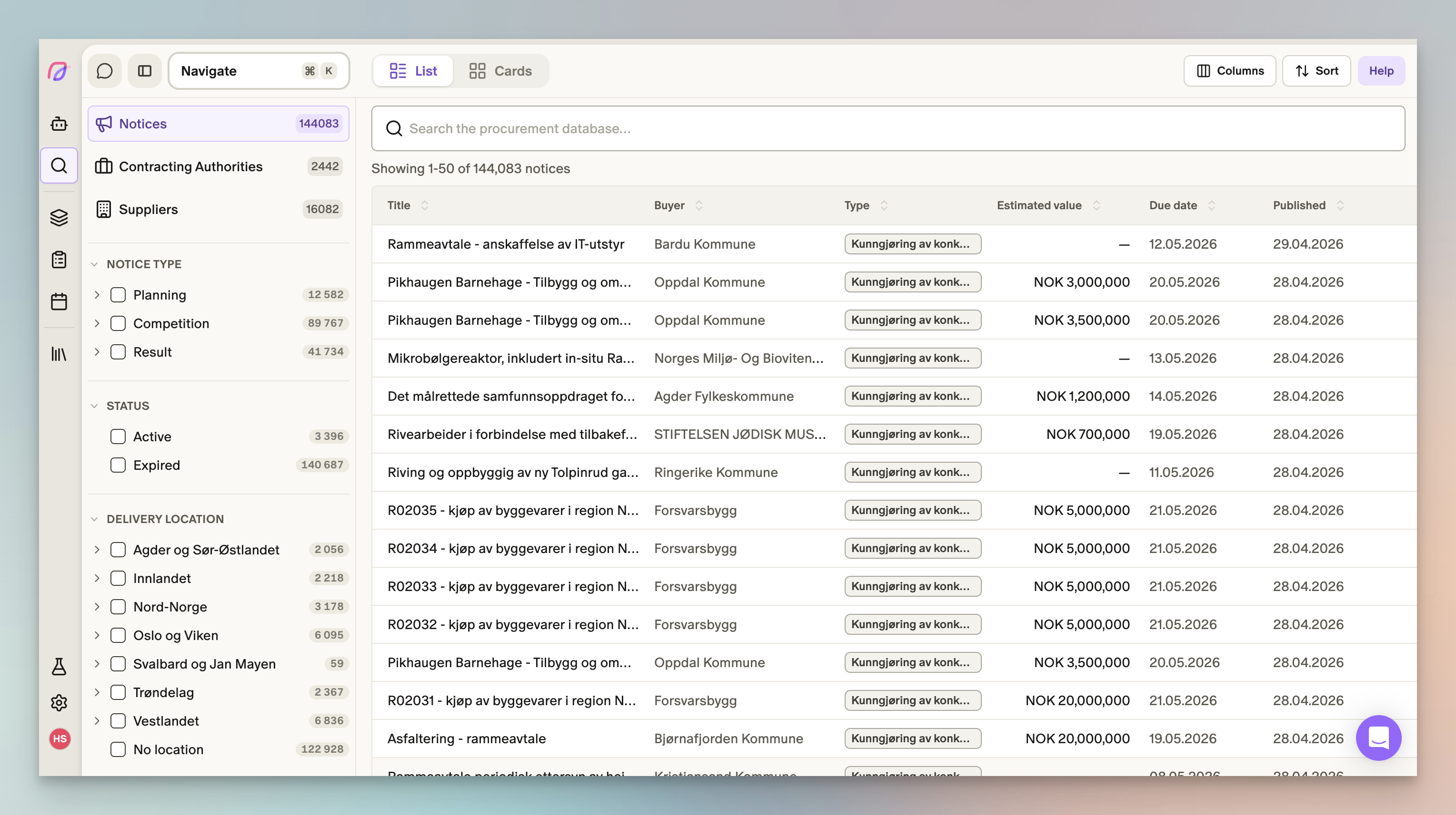 Screenshot of where to search and filter 144,000+ public procurement notices by type, status, location, and buyer, updated in real time.